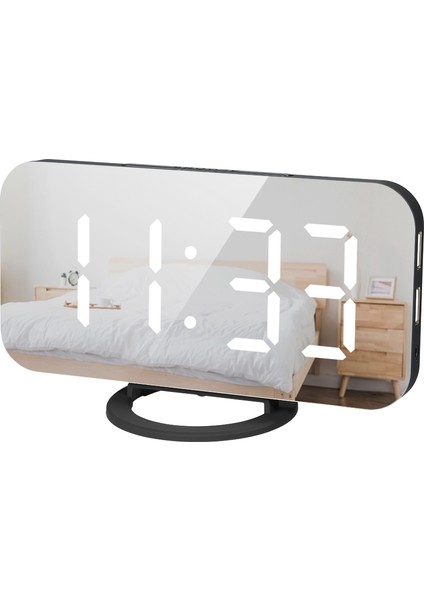 LED Aynalı Alarm Saati Geniş Beyaz Ekran Çift USB Şarj Portlu - Ev, Ofis, Seyahat (Yurt Dışından)
