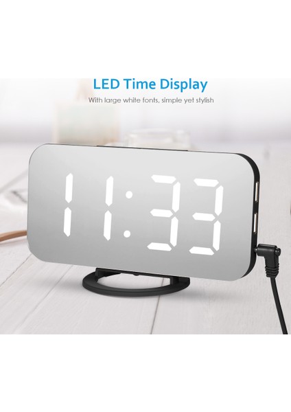 LED Aynalı Alarm Saati Geniş Beyaz Ekran Çift USB Şarj Portlu - Ev, Ofis, Seyahat (Yurt Dışından) fiyatları