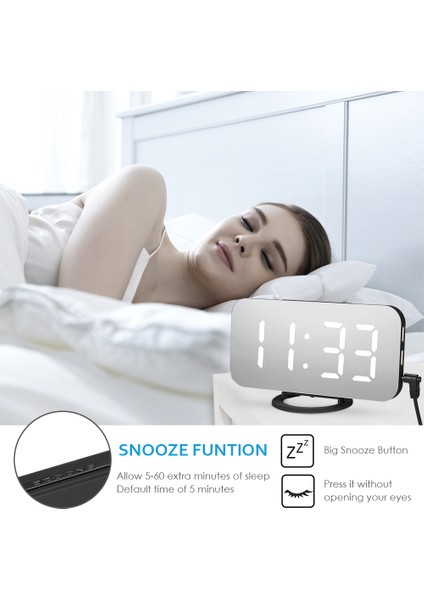 LED Aynalı Alarm Saati Geniş Beyaz Ekran Çift USB Şarj Portlu - Ev, Ofis, Seyahat (Yurt Dışından) indirimleri