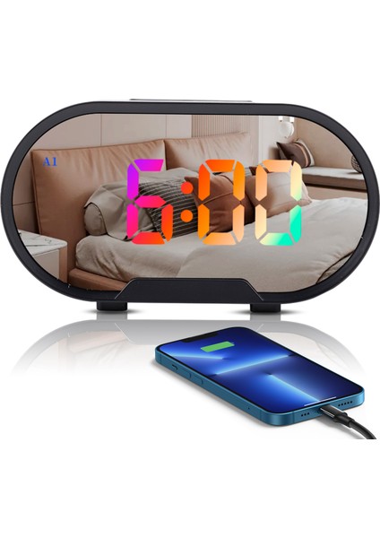Rgb LED Aynalı Çift USB Portlu Ayarlanabilir Sesli Yatak Odası Saati (Yurt Dışından)