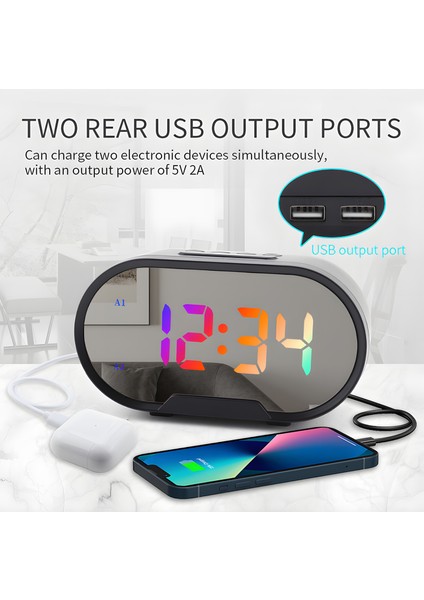Rgb LED Aynalı Çift USB Portlu Ayarlanabilir Sesli Yatak Odası Saati (Yurt Dışından) modelleri