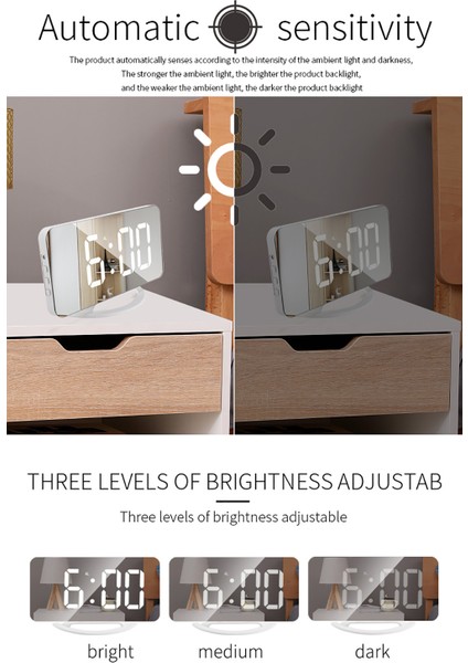 LED Aynalı Çalar Saat Erteleme Otomatik Uyumlu Arka Işık Ayarlanabilir Parlaklık (Yurt Dışından) indirimleri