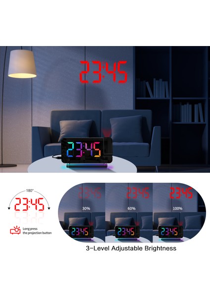 Rgb Yatak Odası Prksiyonlu Çalar Saat, Tavan Prktörü, 6 Kademeli Dimmer, USB Şarj (Yurt Dışından) indirimleri