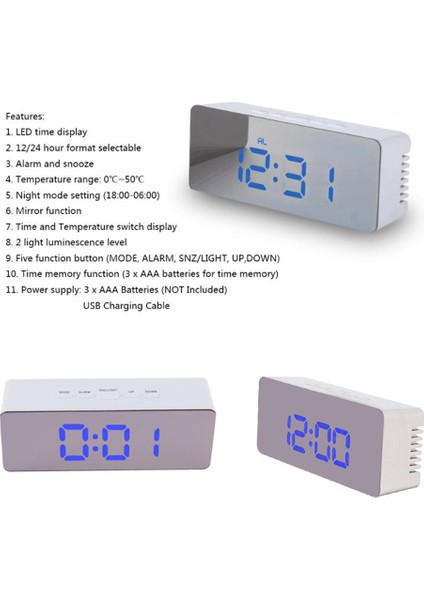 Aynalı LED Gece Lambası Dijital Termometre ve Alarmlı Saat (Yurt Dışından) fırsatları