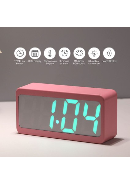 USB Pil Rgb Alarmlı Saat, Zaman, Sıcaklık, Tarih, 115 Renk Değişimli, Ses Kontrollü Pembe (Yurt Dışından)