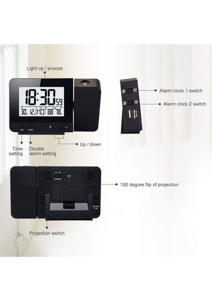 Prksiyonlu Alarmlı Saat - Termometre, Nem Ölçer, Tavan Göstergeli, LED Aydınlatma, USB Şarj (Yurt Dışından) fırsatları