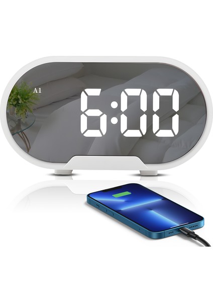 5.5 Inç Büyük Ayna Yüzeyli LED Dijital Çalar Saat, Çift USB Port, Parlaklık Ayarı (Yurt Dışından)