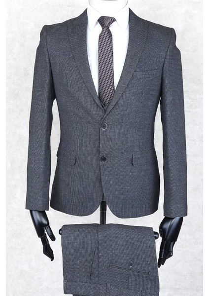 Slim Fit Iki Düğme -Sivri Yaka-Çift Yırtmaç Siyah Yelekli Drop 6 Takım Elbise