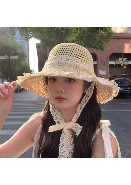 Hasır Şapka Kadın Yaz Dantel Kayışlar Düz-Top Güneş Şapkası Deniz Güneş Plaj Küçük Taze Çuval Bezi Güneş Şapkası (Yurt Dışından)