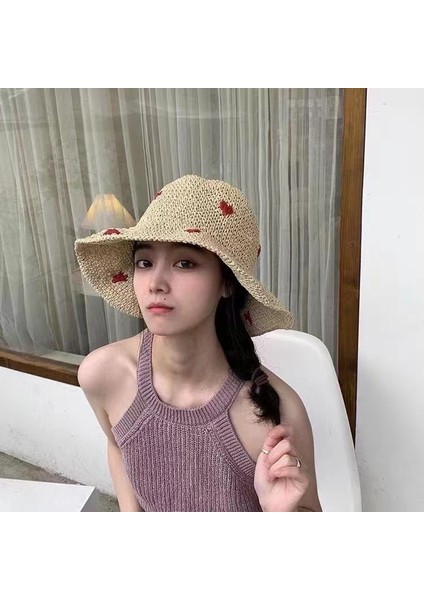 Hasır Şapka Kadın Güneşlik Güneş Kremi Büyük Ağız Şapka Ins Küçük Qingxin Ilkbahar ve Yaz Gezisi Plaj Tatili Tatlı Mori Güneş Şapkası (Yurt Dışından)