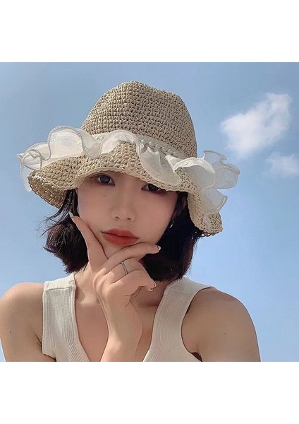 Hasır Şapka Kadın Güneşlik Güneş Kremi Büyük Ağız Şapka Ins Küçük Qingxin Ilkbahar ve Yaz Gezisi Plaj Tatili Tatlı Mori Güneş Şapkası (Yurt Dışından)