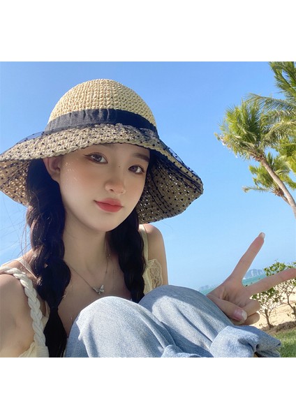 Hasır Şapka Kadın Güneşlik Güneş Kremi Büyük Ağız Şapka Ins Küçük Qingxin Ilkbahar ve Yaz Gezisi Plaj Tatili Tatlı Mori Güneş Şapkası (Yurt Dışından)