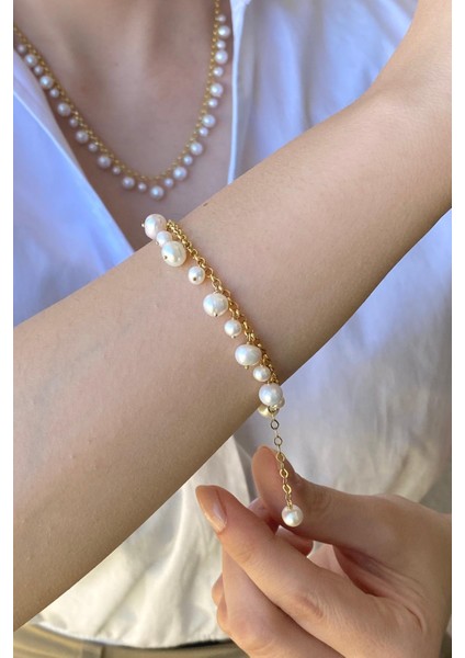 14 Ayar Altın 5 mm Doğal Inci Sallantıllı Bileklik modelleri