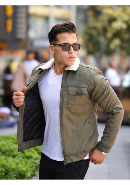 Fermuarlı Süet Kürklü Haki Erkek Ceket