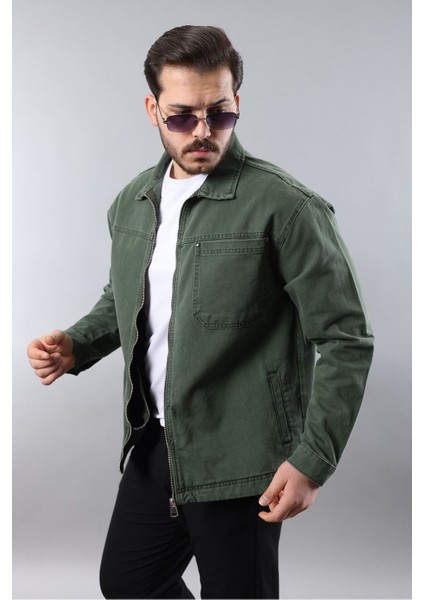 Erkek Regular Fit Haki Spor Model Fermuarlı Kot Ceket