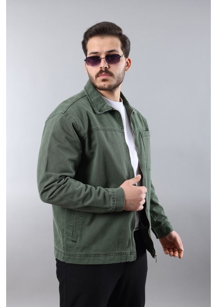 Erkek Regular Fit Haki Spor Model Fermuarlı Kot Ceket modelleri