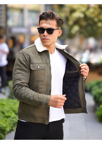 Fermuarlı Süet Kürklü Haki Erkek Ceket fiyatları