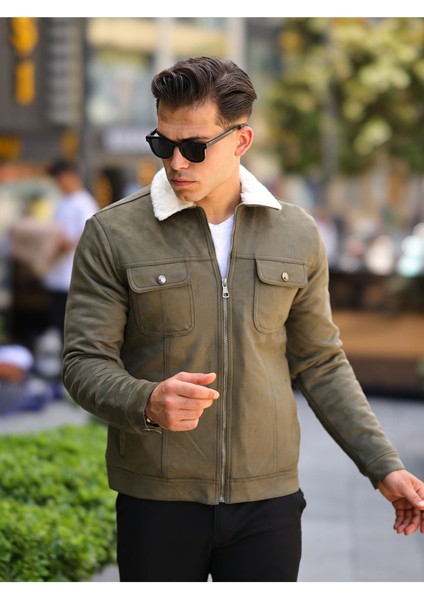 Fermuarlı Süet Kürklü Haki Erkek Ceket modelleri