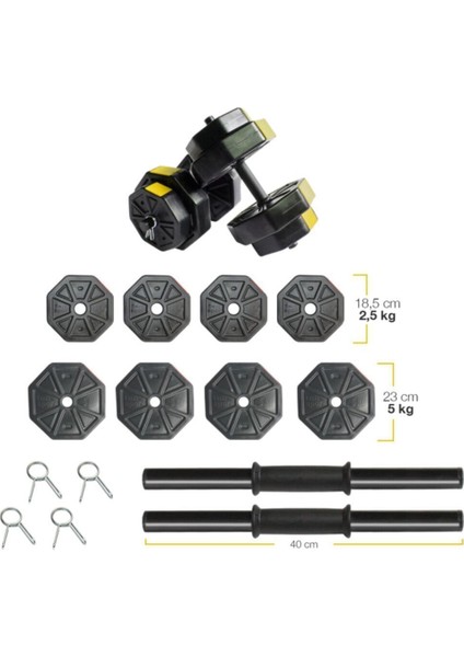 30 kg Dambıl Dumbell Halter Ağırlık Fitness Kısa Bar Seti (Sarı Kapaklı)