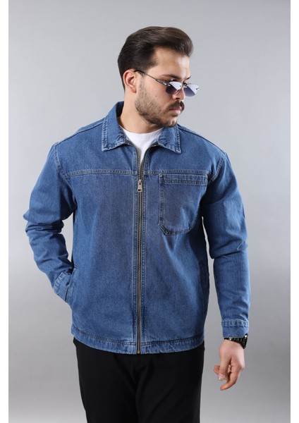 Erkek Regular Fit Mavi Spor Model Fermuarlı Kot Ceket modelleri