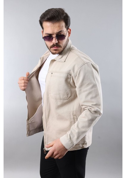Erkek Regular Fit Bej Spor Model Fermuarlı Kot Ceket