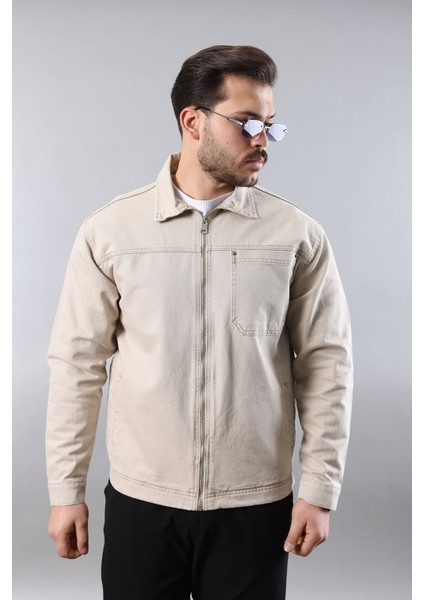 Erkek Regular Fit Bej Spor Model Fermuarlı Kot Ceket modelleri