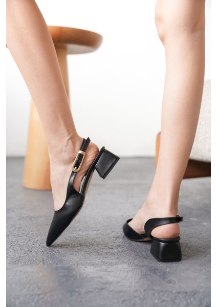 Kadın Efect Tokalı Kısa Topuklu Ayakkabı - Siyah-Deri