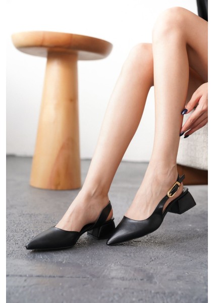 Kadın Efect Tokalı Kısa Topuklu Ayakkabı - Siyah-Deri fiyatları