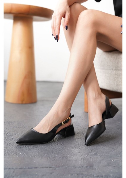 Kadın Efect Tokalı Kısa Topuklu Ayakkabı - Siyah-Deri modelleri