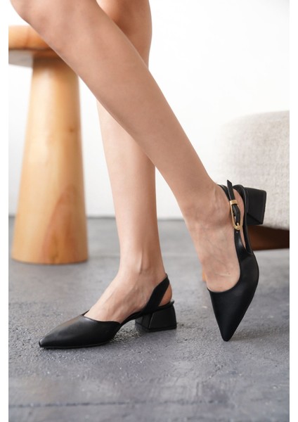 Kadın Efect Tokalı Kısa Topuklu Ayakkabı - Siyah-Deri fırsatları