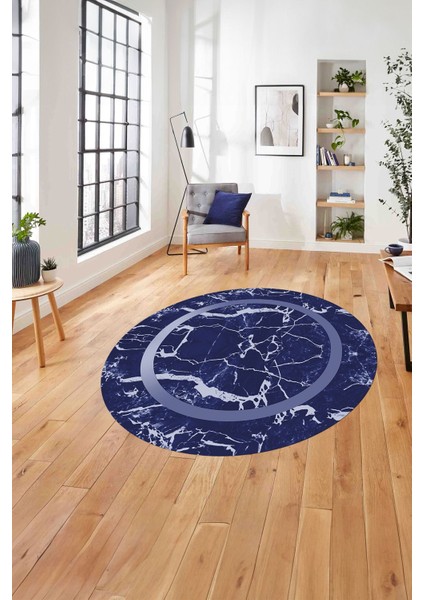 Çerçeveli Mermer Deseneli Yıkanabilir Kaymaz Yuvarlak Salon Halısı, Çerçeveli-Y-64-Lacivert,