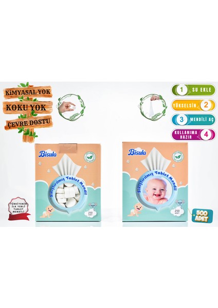 Sıkıştırılmış Tablet bebek Mendil – Su ile Açılan Tek Kullanımlık bebek Temizlik Bezi (2 kutu 500 adet)