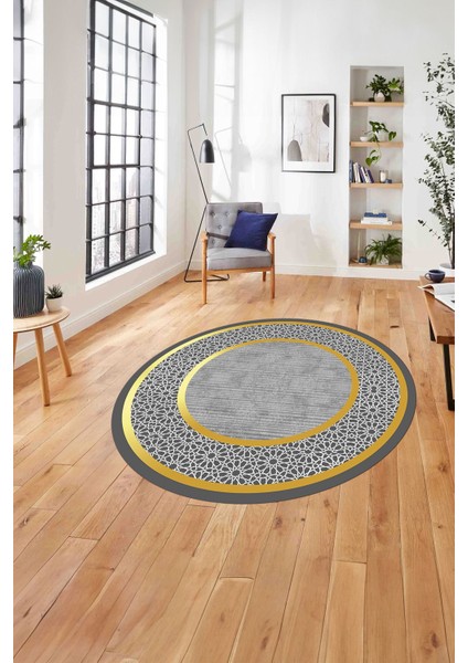Çerçeveli Yeni Nesil Model Yıkanabilir Kaymaz Yuvarlak Salon Halısı, Çerçeveli-Y-91-Gold,