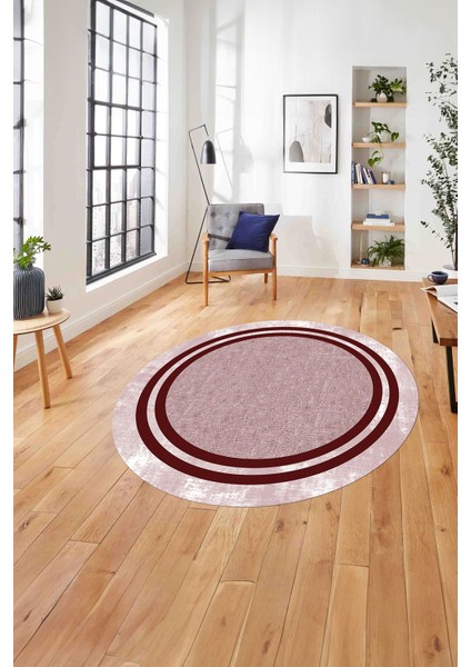Çerçeveli Kenar Çizgili Model Yıkanabilir Kaymaz Yuvarlak Salon Halısı, Çerçeveli-Y-55-Kırmızı,