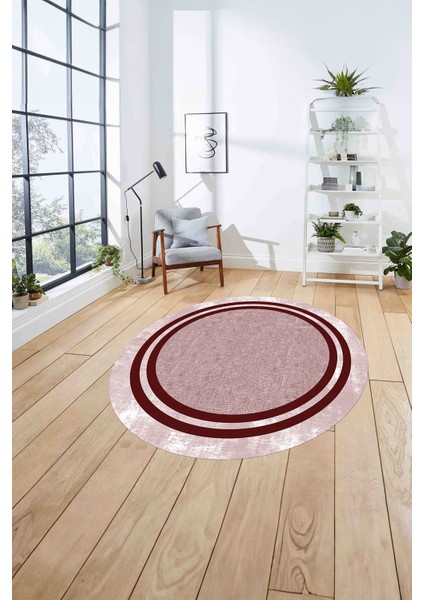 Çerçeveli Kenar Çizgili Model Yıkanabilir Kaymaz Yuvarlak Salon Halısı, Çerçeveli-Y-55-Kırmızı, fırsatları