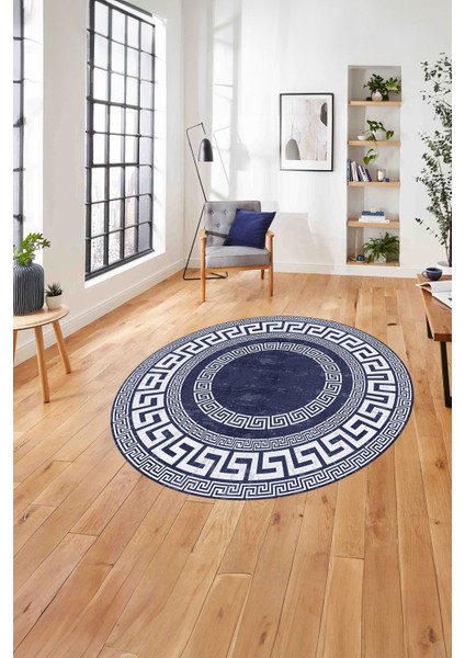 Çerçeveli Vektörel Modelli Sade Yıkanabilir Kaymaz Yuvarlak Salon Halısı,çerçeveli-Y-90-Lacivert,