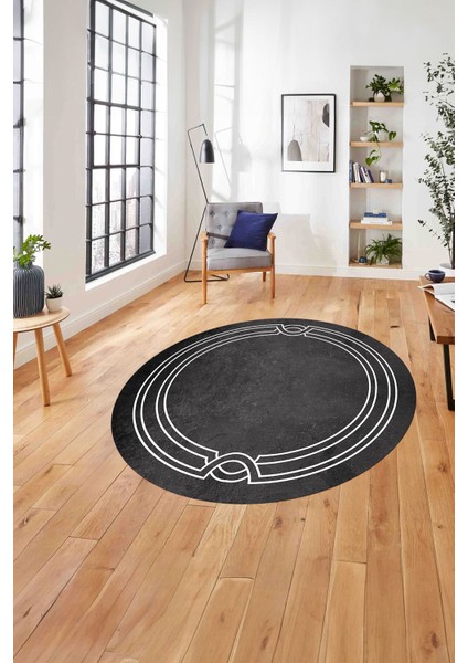 Çerçeveli Hitit Model Yıkanabilir Kaymaz Yuvarlak Salon Halısı, Çerçeveli-Y-71-Antrasit,