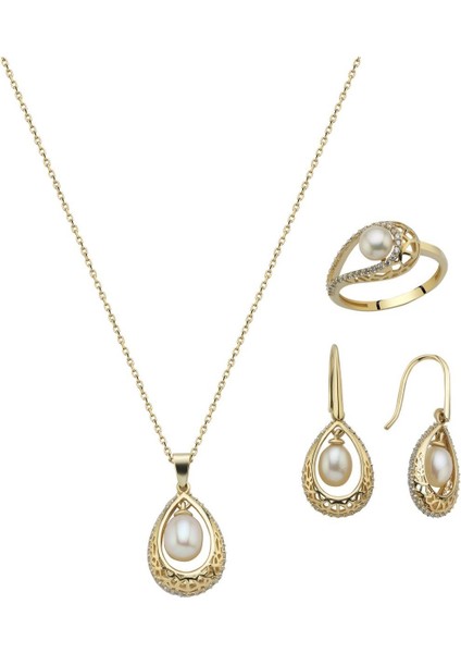 14 Ayar Altın 6 mm Doğal İncili Küpe Kolye Yüzük Üçlü Set