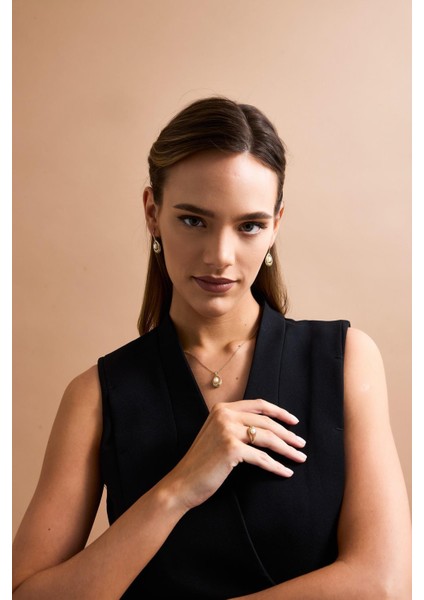 14 Ayar Altın 6 mm Doğal İncili Küpe Kolye Yüzük Üçlü Set modelleri