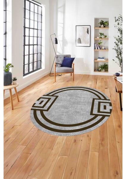Çerçeveli Geometrik Desenli Yıkanabilir Kaymaz Yuvarlak Salon Halısı, Çerçeveli-Y-65-Kahve,