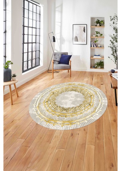Çerçeveli Otantik Desen Yıkanabilir Kaymaz Yuvarlak Salon Halısı, Çerçeveli-Y-76-Gold,