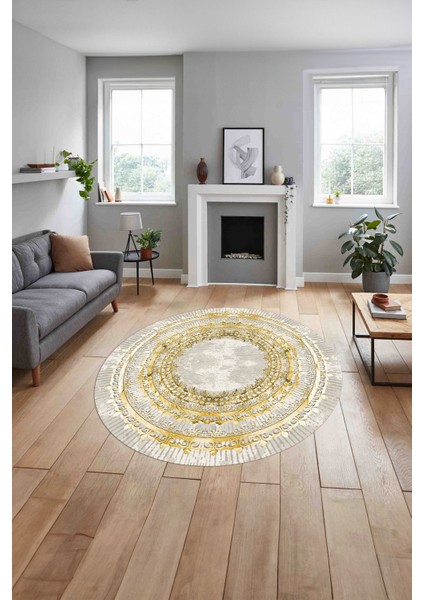 Çerçeveli Otantik Desen Yıkanabilir Kaymaz Yuvarlak Salon Halısı, Çerçeveli-Y-76-Gold, indirimleri