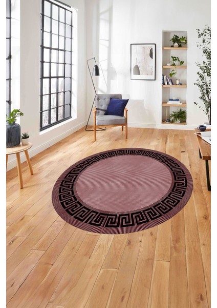 Çerçeveli Çizgi Detaylı Modern Yıkanabilir Kaymaz Yuvarlak Salon Halısı, ÇERÇEVELİ-Y-101-BORDO,