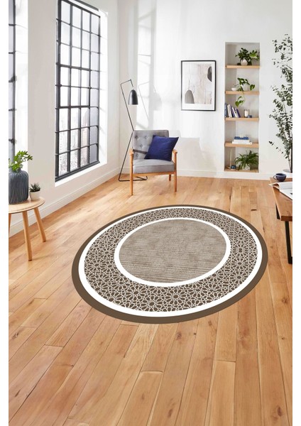 Çerçeveli Yeni Nesil Model Yıkanabilir Kaymaz Yuvarlak Salon Halısı, Çerçeveli-Y-91-Kahve,