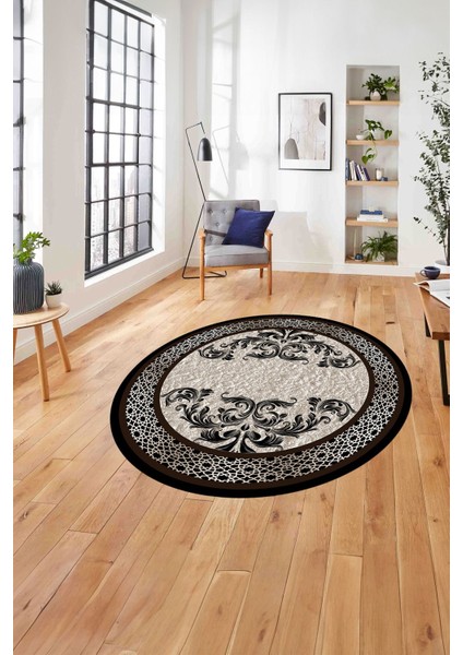 Çerçeveli Akrilik Motifli Yıkanabilir Kaymaz Yuvarlak Salon Halısı, Çerçeveli-Y-83-Kahve,