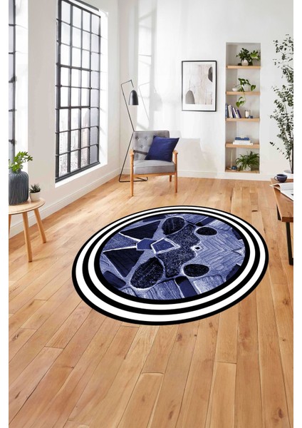 Çerçeveli Mermer Görünümlü Yıkanabilir Kaymaz Yuvarlak Salon Halısı, ÇERÇEVELİ-Y-124-LACİVERT,