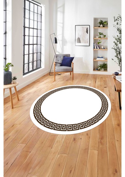 Çerçeveli Sade Vektörel Model Yıkanabilir Kaymaz Yuvarlak Salon Halısı, Çerçeveli-Y-98-Kahve,