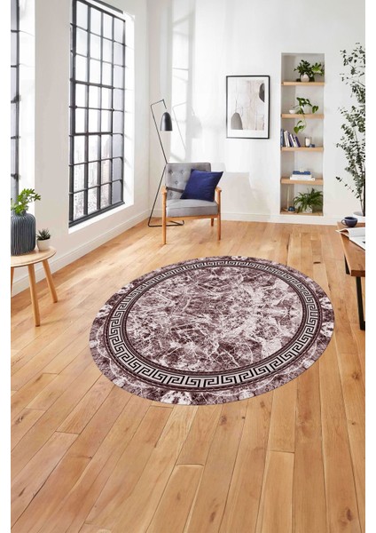 Çerçeveli Mermer Desen Baskılı Yıkanabilir Kaymaz Yuvarlak Salon Halısı, ÇERÇEVELİ-Y-100-BORDO,