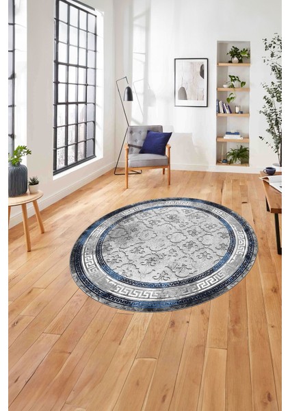 Çerçeveli Kupa Desenli Yıkanabilir Kaymaz Yuvarlak Salon Halısı, ÇERÇEVELİ-Y-118-MAVİ,