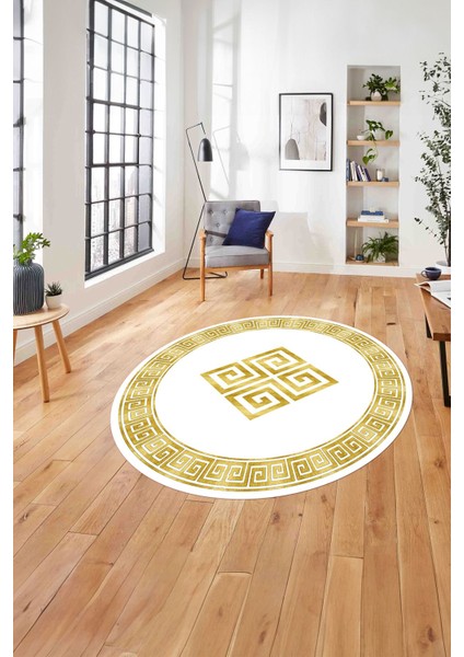 Çerçeveli Vektörel Desenli Yıkanabilir Kaymaz Yuvarlak Salon Halısı, Çerçeveli-Y-82-Gold,